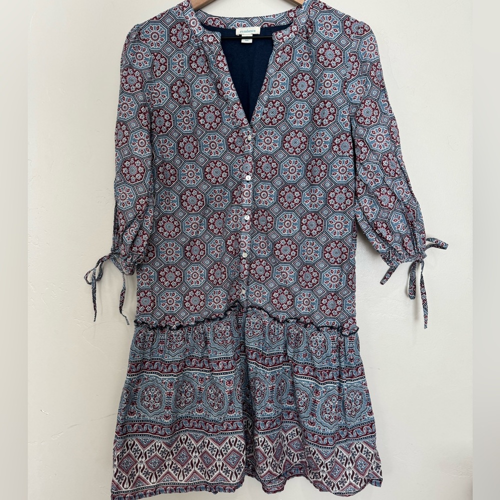 Sundance Zuri Discovery Dress Drop Waist Size Small Boho Print Midi Dress